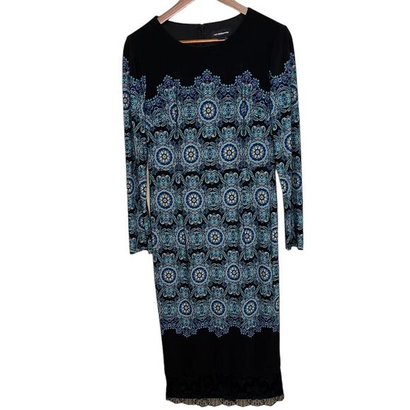 LIZ CLAIBORNE Sheath Midi Dress Black Teal Multi Fully Lined Dress Size 6‎ - Picture 1 of 9